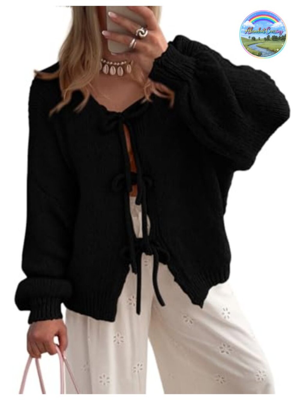 Women's Tie Front Bow Cardigan Chunky Cable Knit Puff Sleeve Sweater